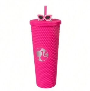 Miniso‎ Barbie Logo Studded Travel Tumbler With Glasses Straw Large Pink 24oz